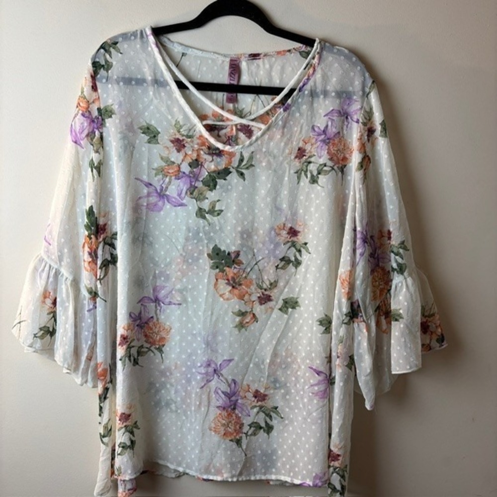 Womens Vintage 2XL Blouse White Floral Swiss Dot Coquette Cottage Bell‎ Sleeve